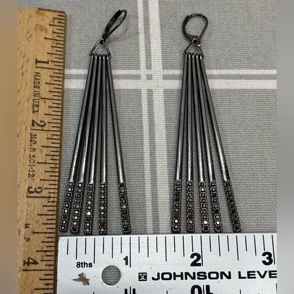 Earrings Pierced Gunmetal Rhinestones Black Long Drop Dangle Statement Jewelry - Picture 5 of 5